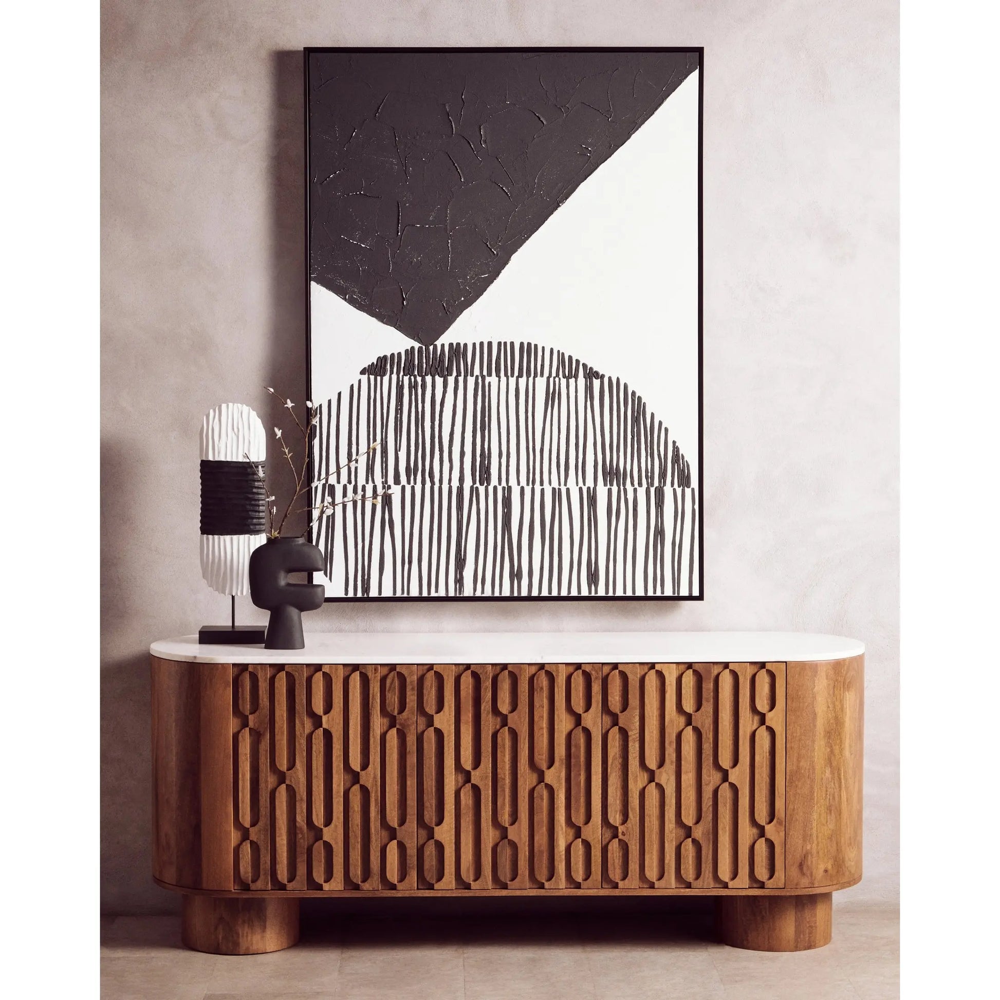 Vercino Mango Wood Sideboard with Marble Top & Carved Design  Nicholas John Interiors