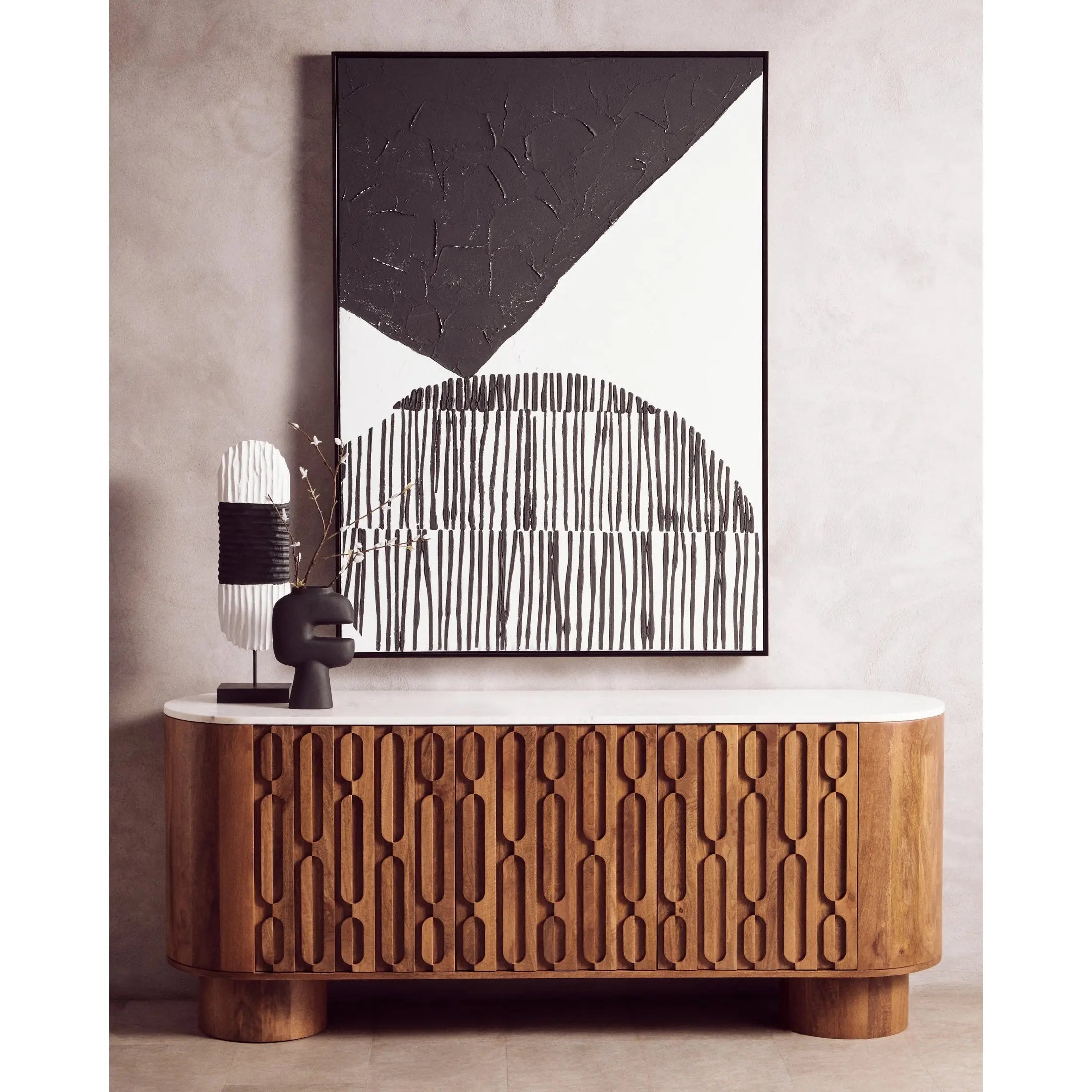 Vercino Mango Wood Sideboard with Marble Top & Carved Design  Nicholas John Interiors