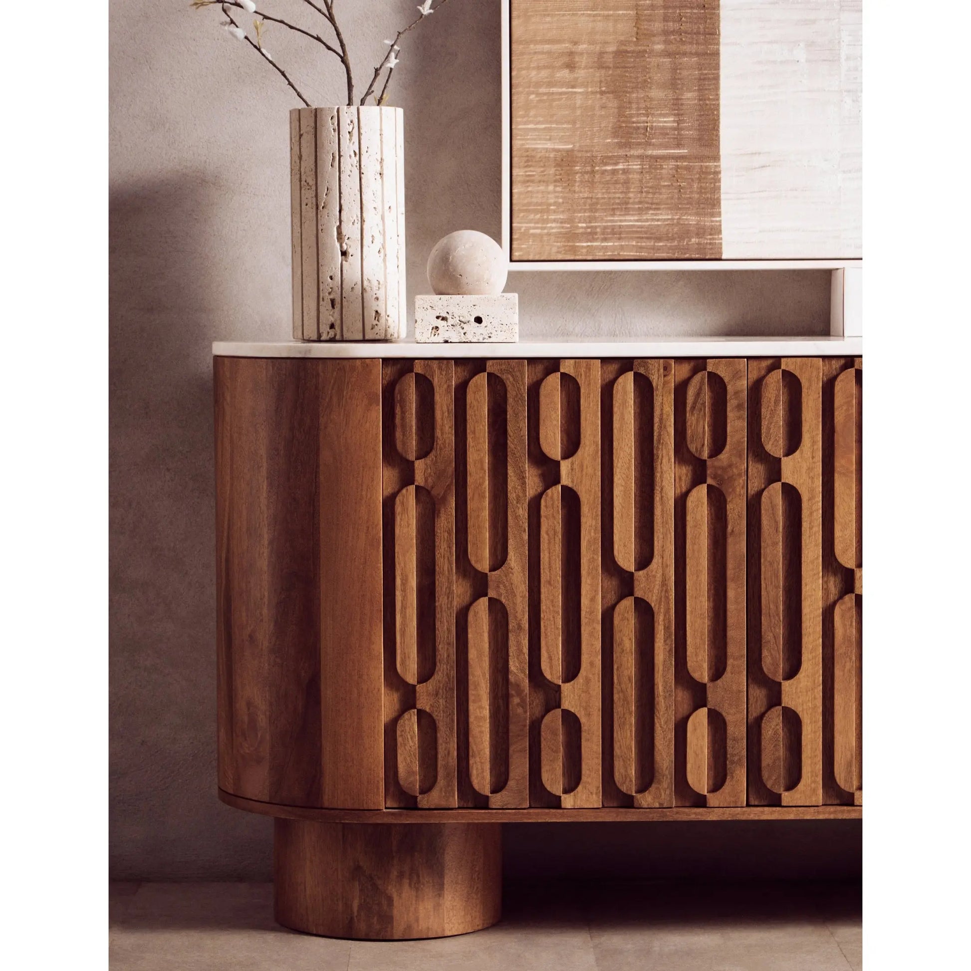 Vercino Mango Wood Sideboard with Marble Top & Carved Design  Nicholas John Interiors