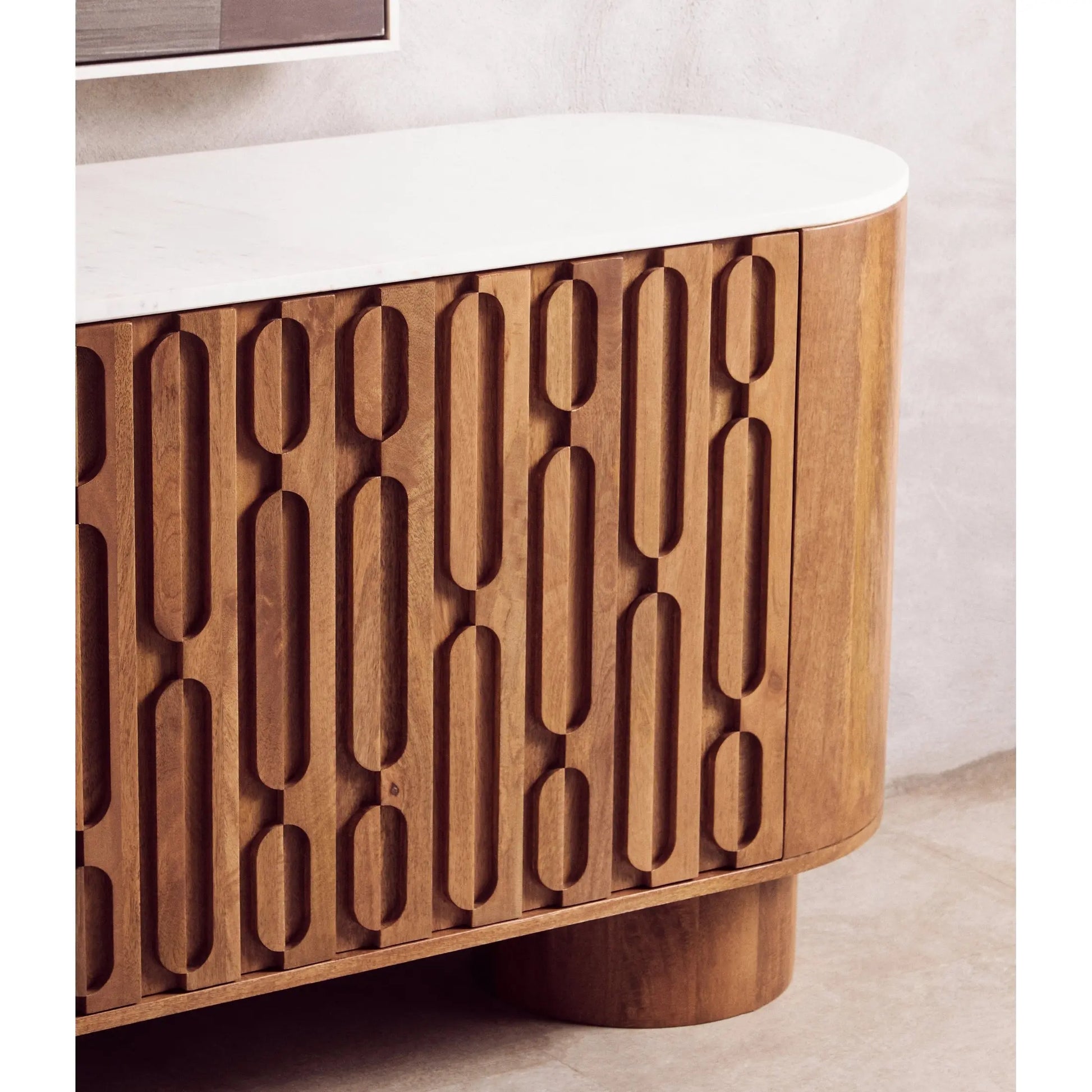 Vercino Mango Wood Sideboard with Marble Top & Carved Design  Nicholas John Interiors