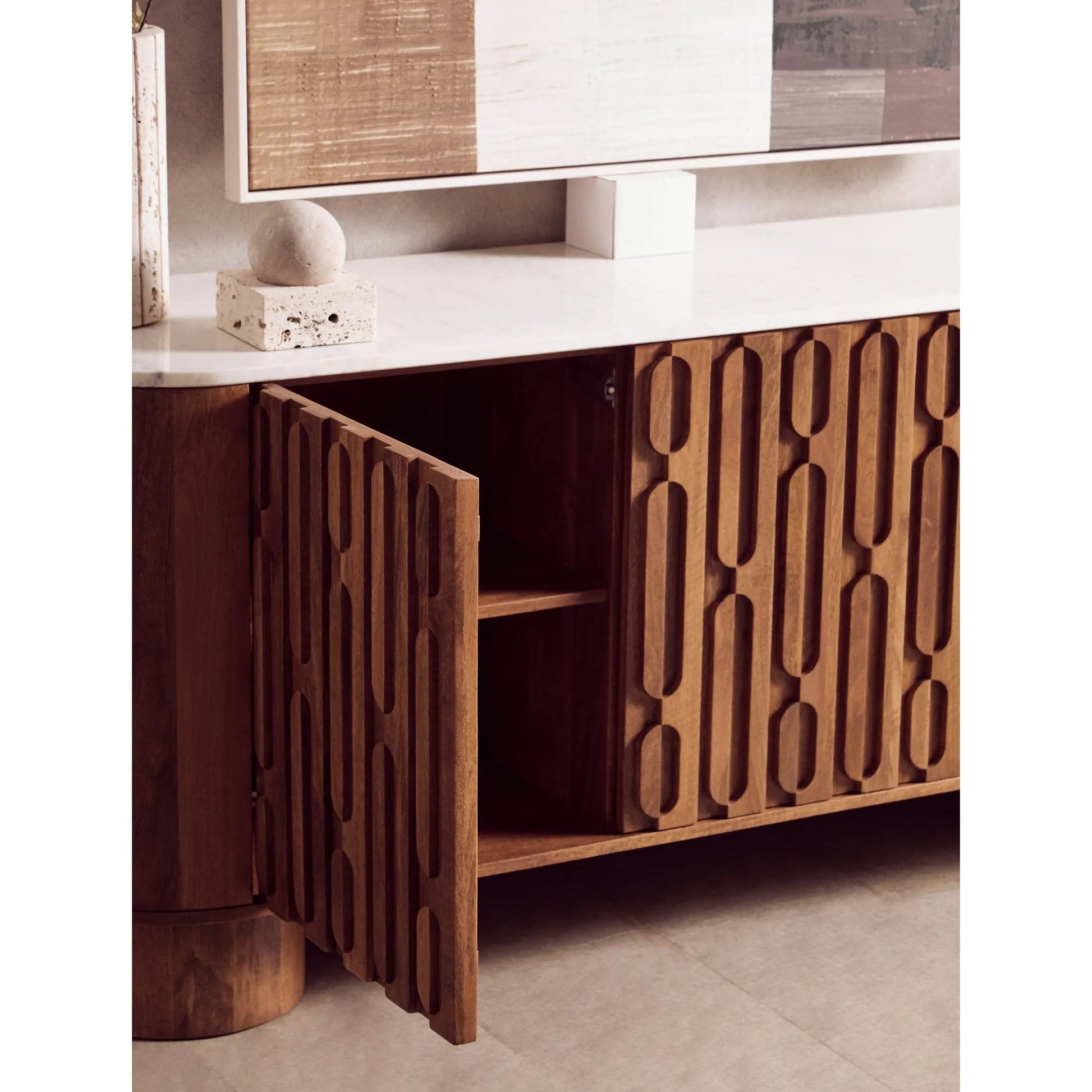 Vercino Mango Wood Sideboard with Marble Top & Carved Design  Nicholas John Interiors