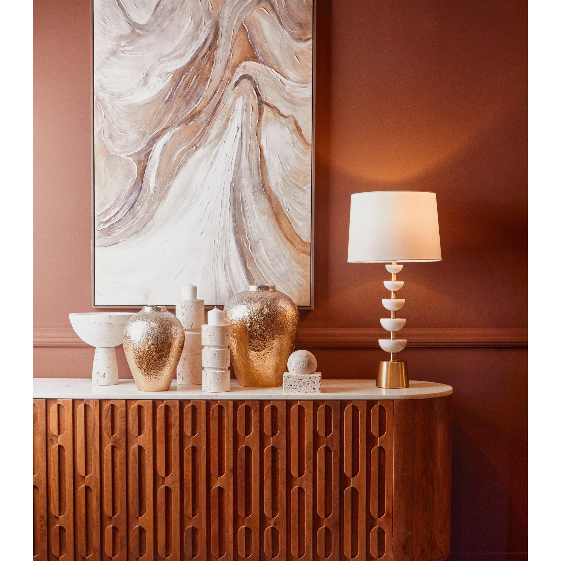 Vercino Mango Wood Sideboard with Marble Top & Carved Design  Nicholas John Interiors