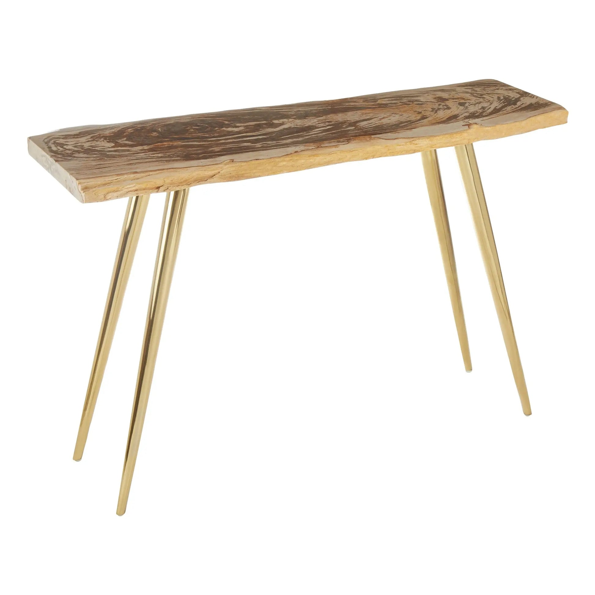 Veyra Petrified Wood Console Table with Brass Iron Legs  Nicholas John Interiors