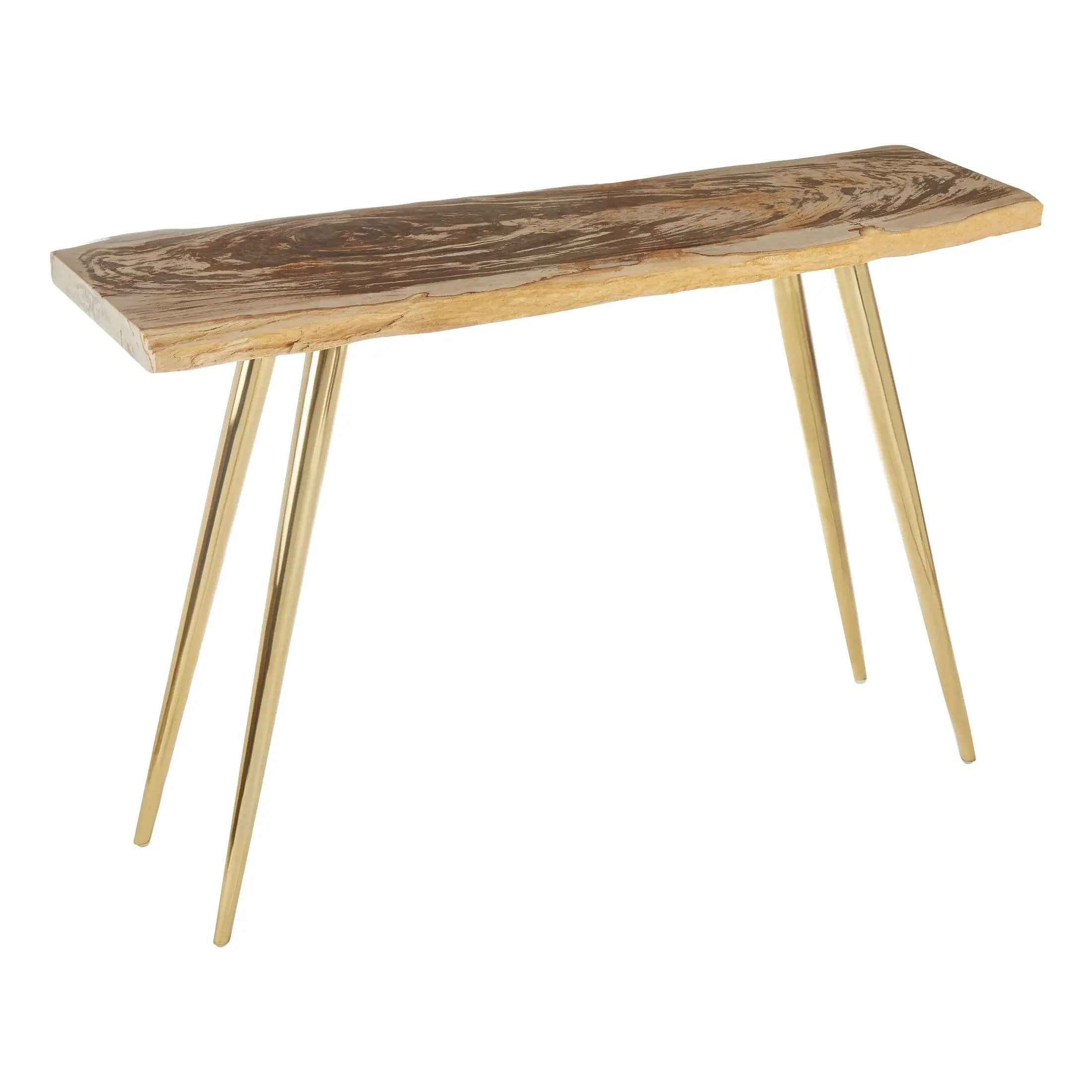 Veyra Petrified Wood Console Table with Brass Iron Legs  Nicholas John Interiors