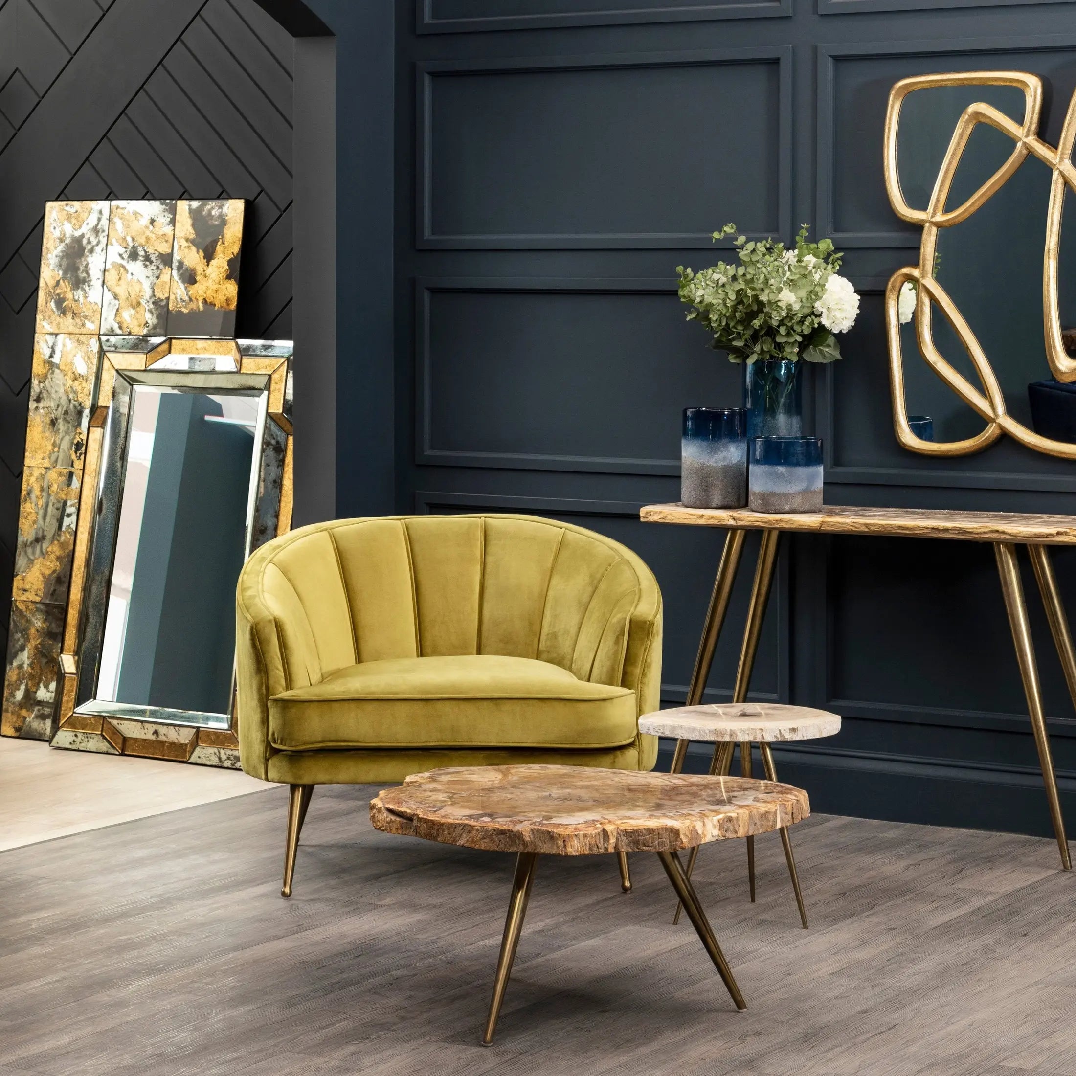 Veyra Petrified Wood Console Table with Brass Iron Legs  Nicholas John Interiors