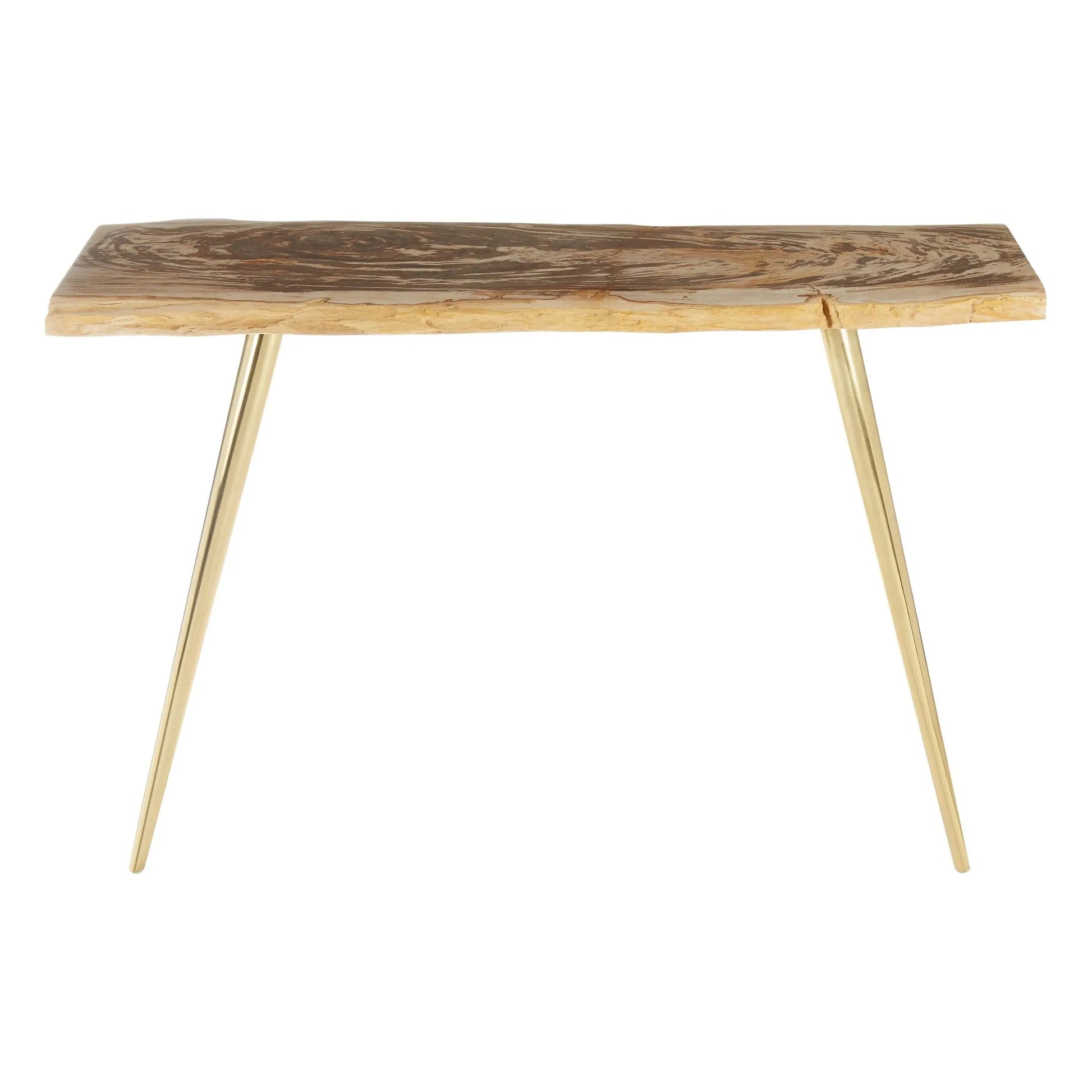 Veyra Petrified Wood Console Table with Brass Iron Legs  Nicholas John Interiors