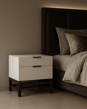 Tommy Franks Webb Bedside Table - Matte Beige   Nicholas John Interiors