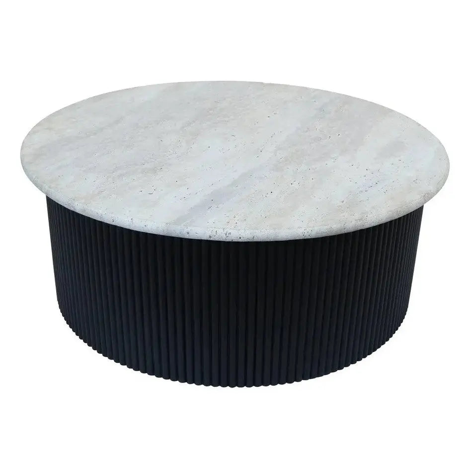 Walford Travertine Top Coffee Table with Black Acacia Wood Base   Nicholas John Interiors