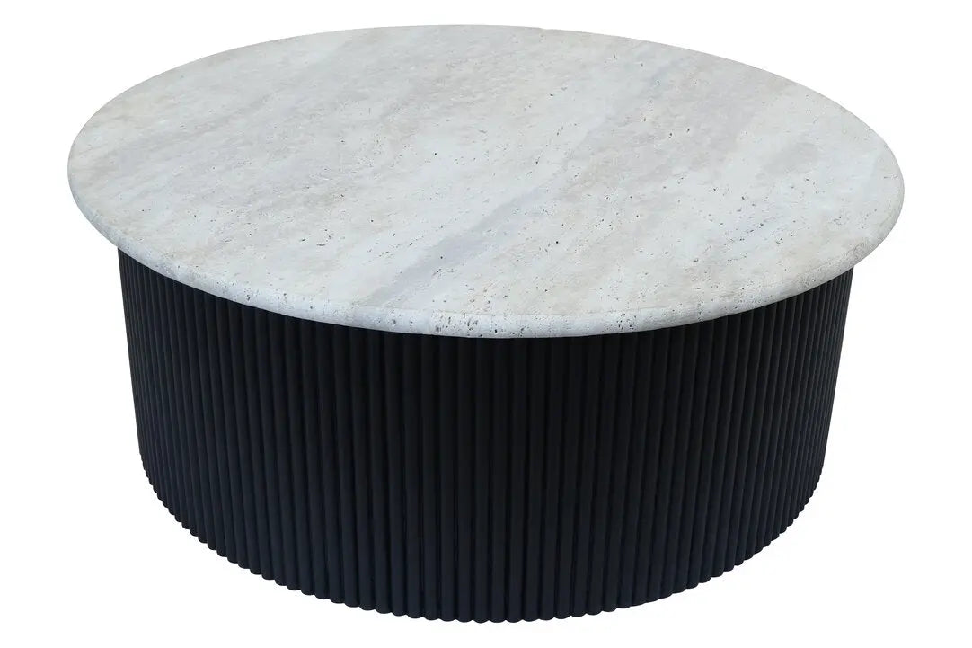 Walford Travertine Top Coffee Table with Black Acacia Wood Base   Nicholas John Interiors