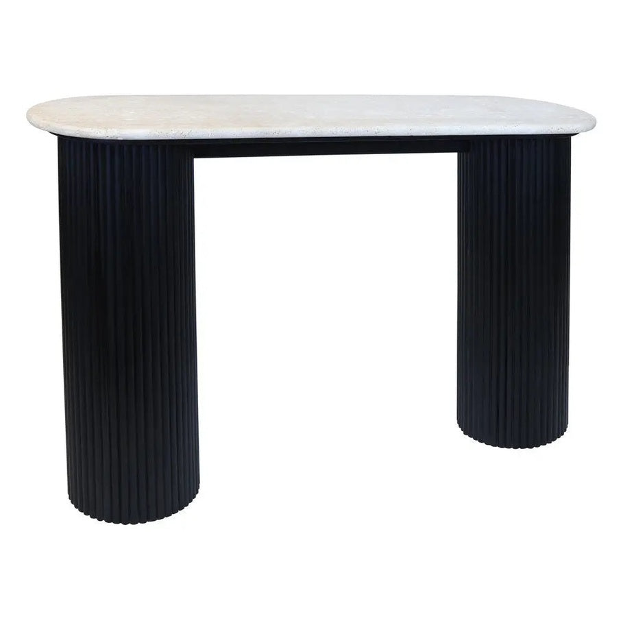Walford Travertine Top Console Table with Black Acacia Wood Legs   Nicholas John Interiors