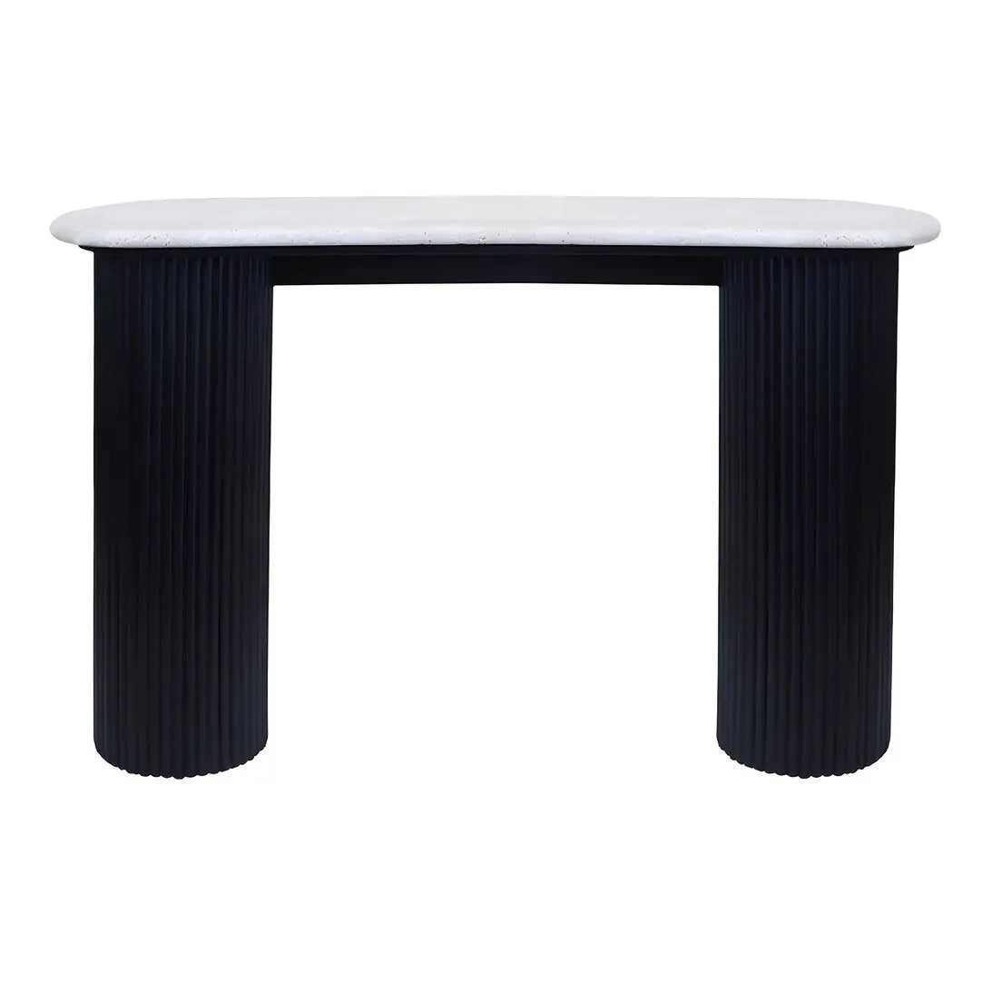 Walford Travertine Top Console Table with Black Acacia Wood Legs   Nicholas John Interiors
