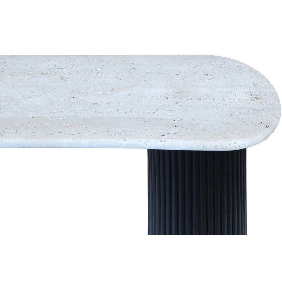 Walford Travertine Top Console Table with Black Acacia Wood Legs   Nicholas John Interiors
