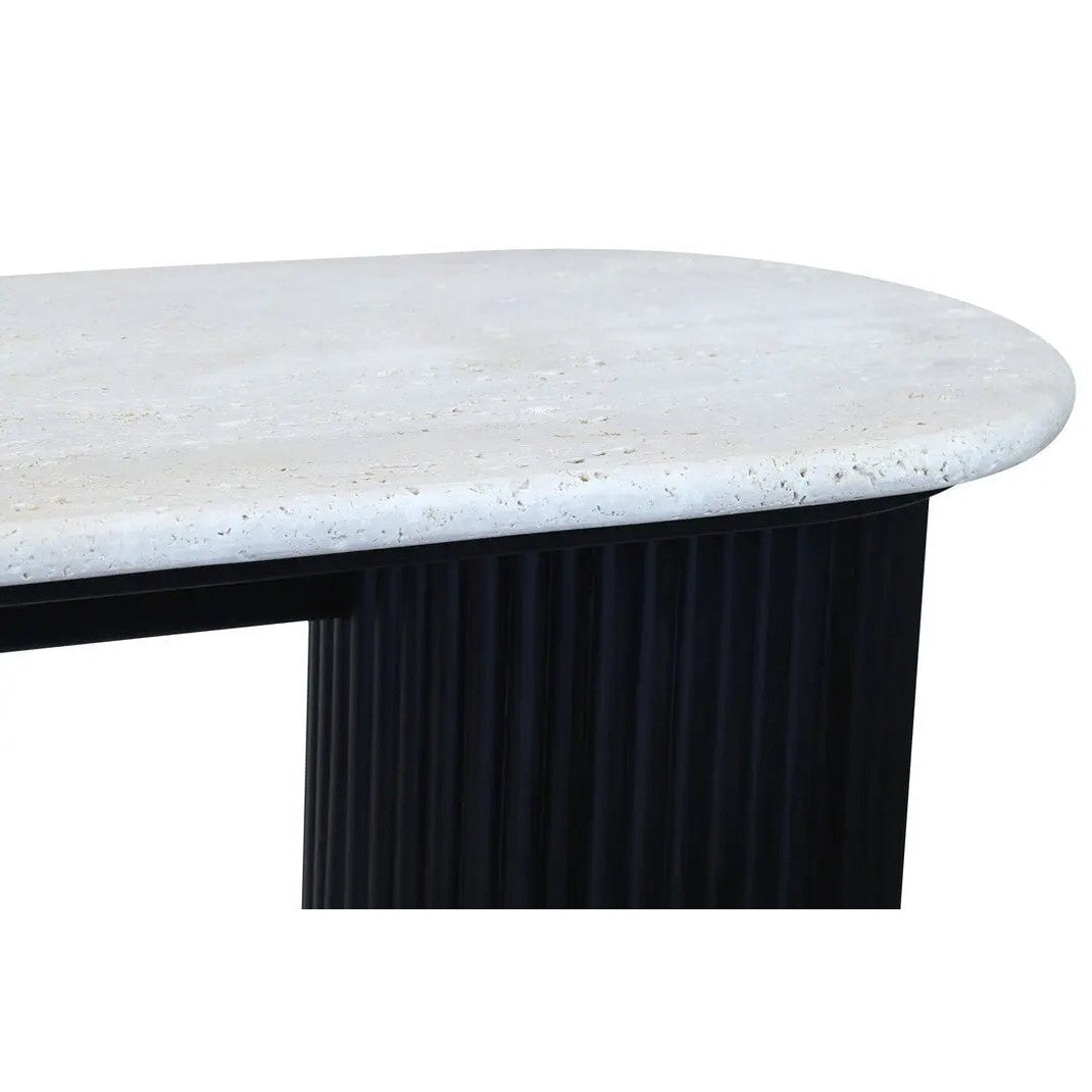 Walford Travertine Top Console Table with Black Acacia Wood Legs   Nicholas John Interiors