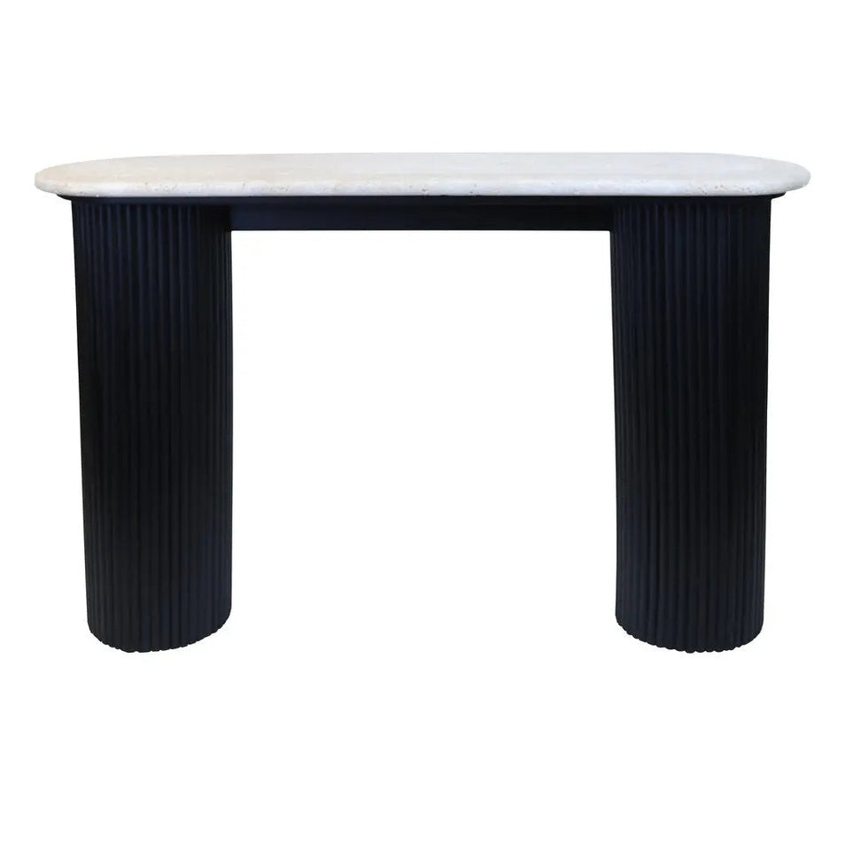 Walford Travertine Top Console Table with Black Acacia Wood Legs   Nicholas John Interiors