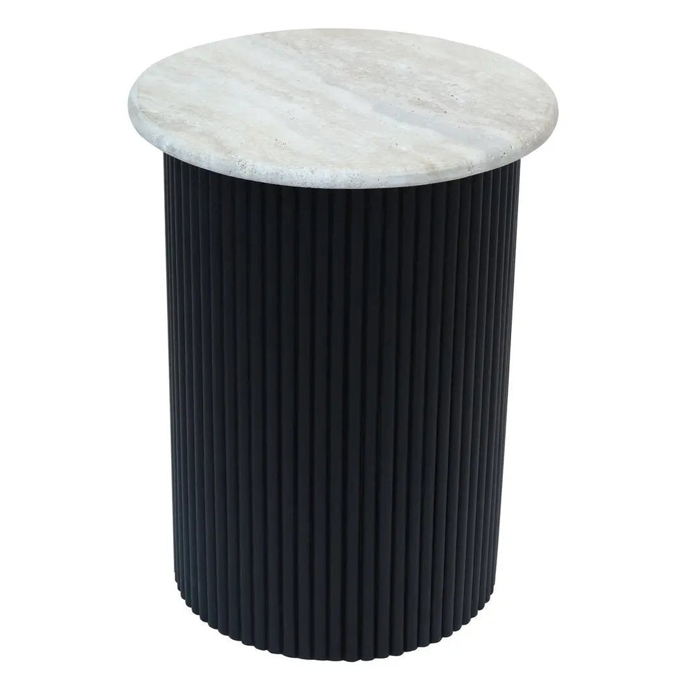 Walford Travertine Top Side Table with Black Acacia Wood Base   Nicholas John Interiors