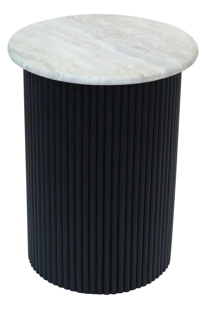 Walford Travertine Top Side Table with Black Acacia Wood Base   Nicholas John Interiors