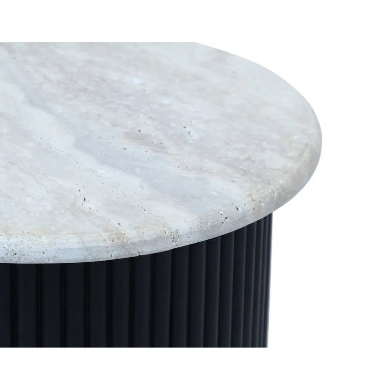Walford Travertine Top Side Table with Black Acacia Wood Base   Nicholas John Interiors