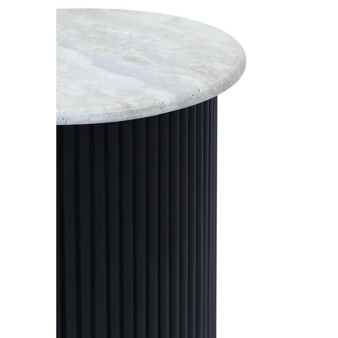 Walford Travertine Top Side Table with Black Acacia Wood Base   Nicholas John Interiors