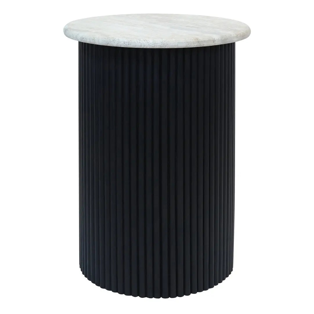 Walford Travertine Top Side Table with Black Acacia Wood Base   Nicholas John Interiors