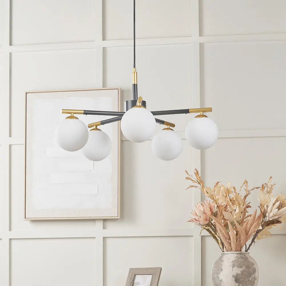 Wanda White Orb and Black Metal 5 Light Pendant  Nicholas John Interiors