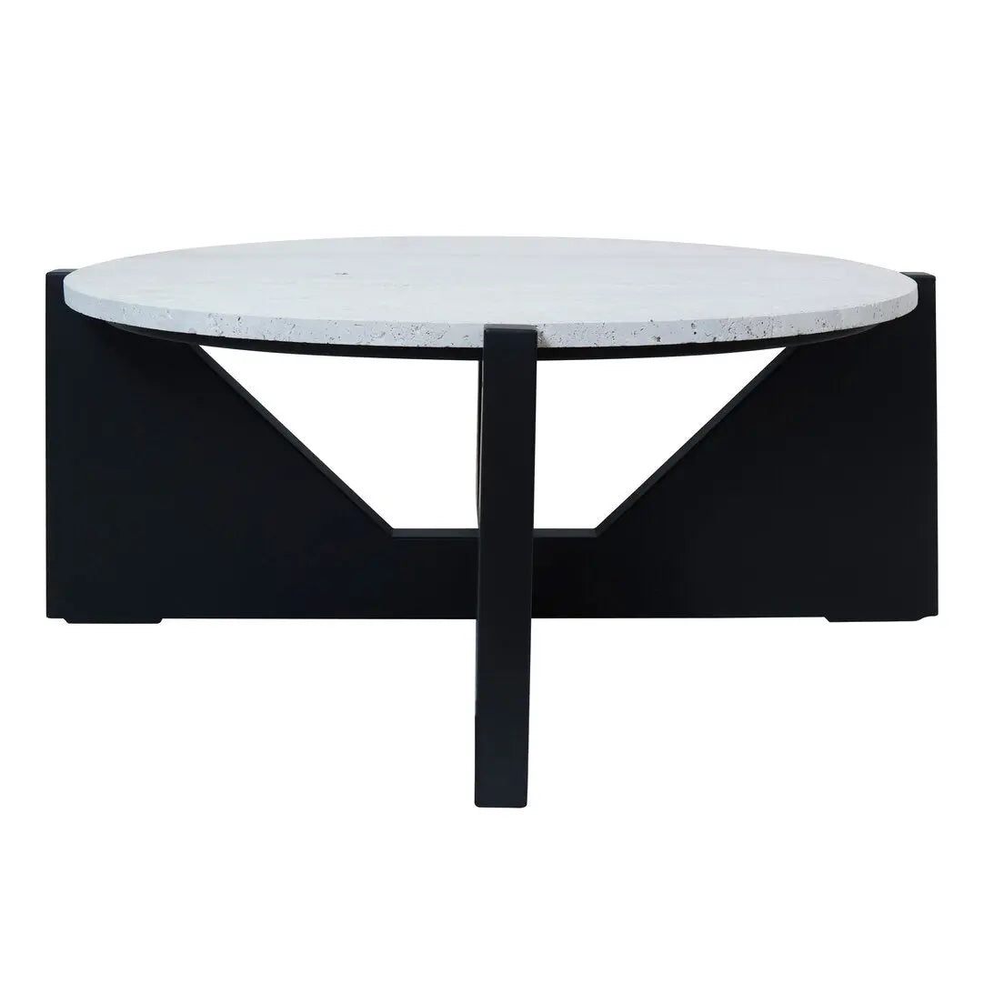 Wenton Travertine Top Coffee Table with Black Acacia Wood Frame   Nicholas John Interiors