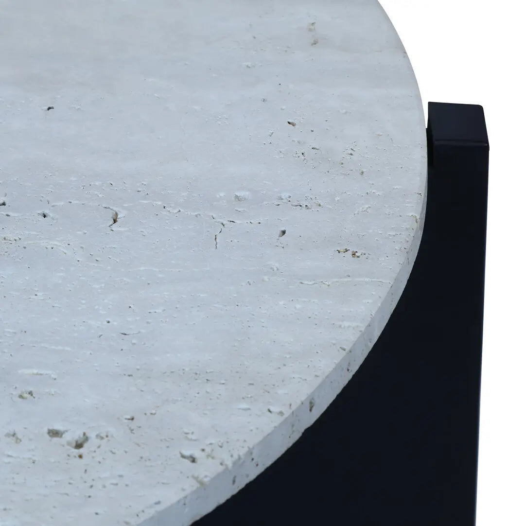 Wenton Travertine Top Coffee Table with Black Acacia Wood Frame   Nicholas John Interiors