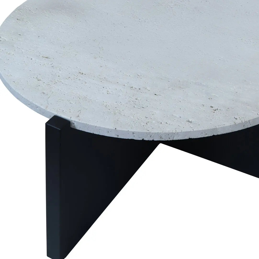 Wenton Travertine Top Coffee Table with Black Acacia Wood Frame   Nicholas John Interiors