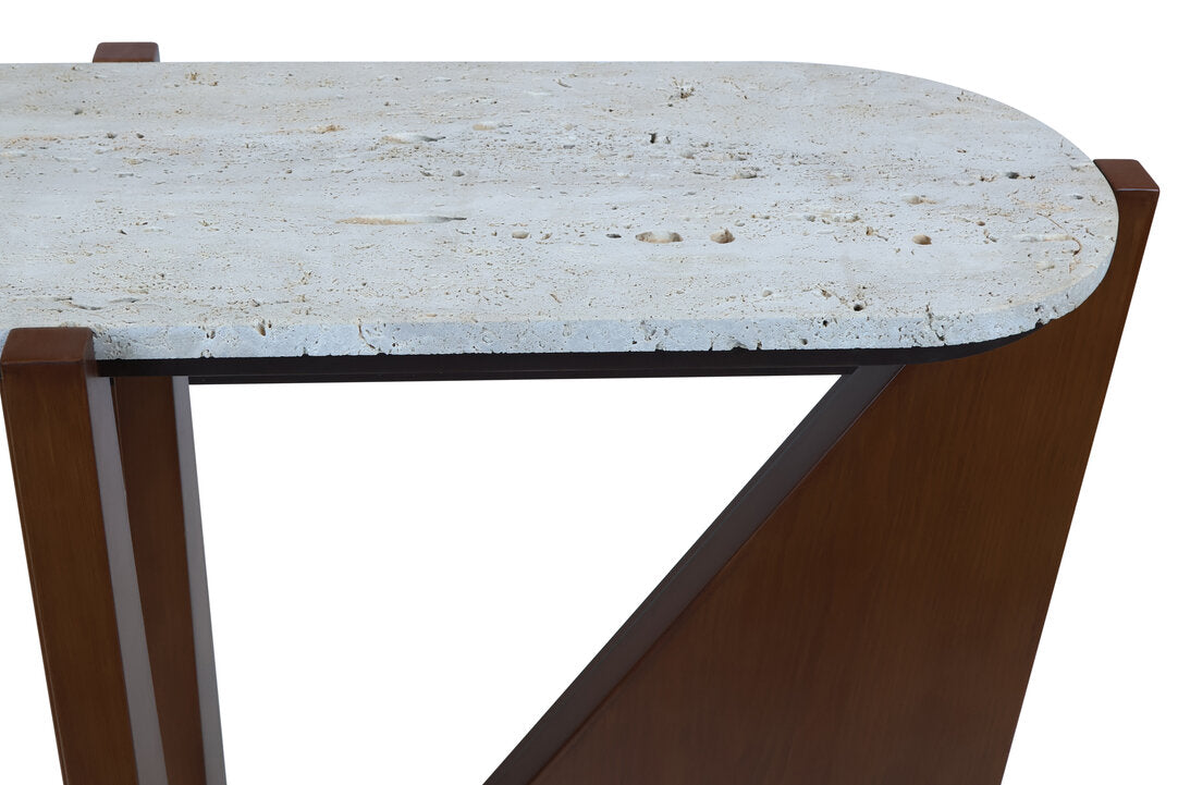 Wenton Travertine Top Console Table with Acacia Wood Frame  Nicholas John Interiors