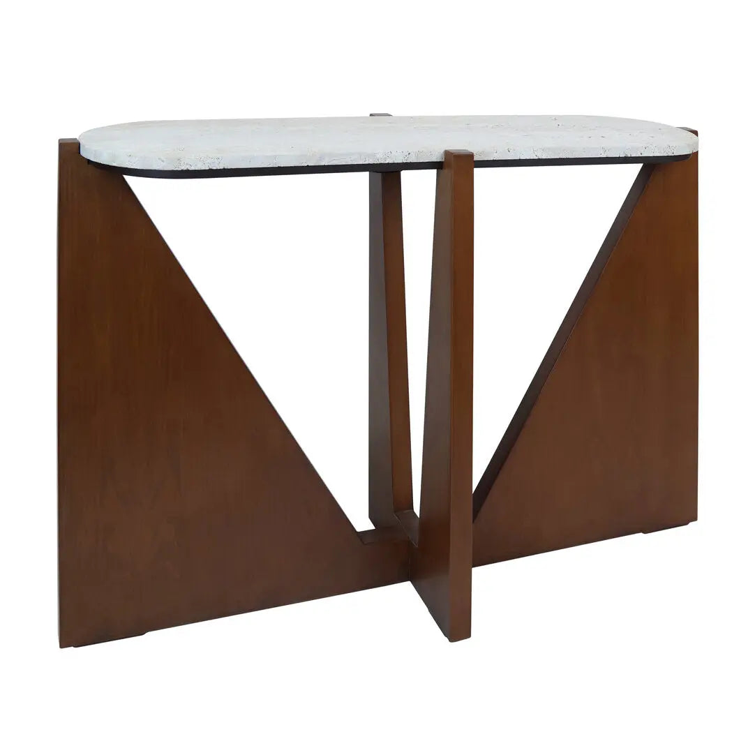Wenton Travertine Top Console Table with Acacia Wood Frame   Nicholas John Interiors