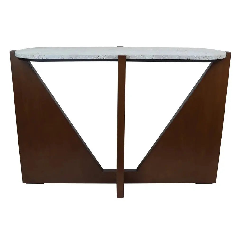 Wenton Travertine Top Console Table with Acacia Wood Frame   Nicholas John Interiors
