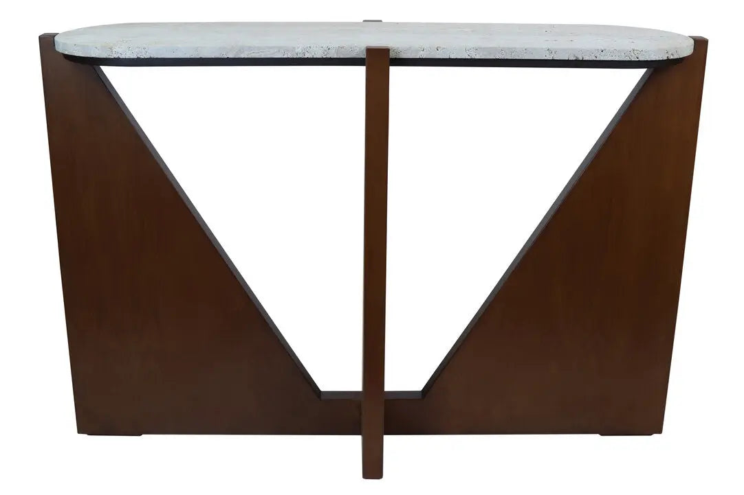 Wenton Travertine Top Console Table with Acacia Wood Frame   Nicholas John Interiors