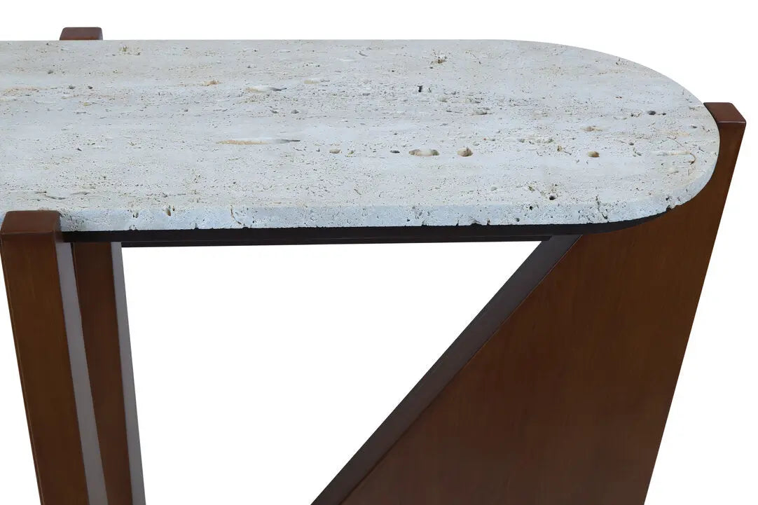 Wenton Travertine Top Console Table with Acacia Wood Frame   Nicholas John Interiors