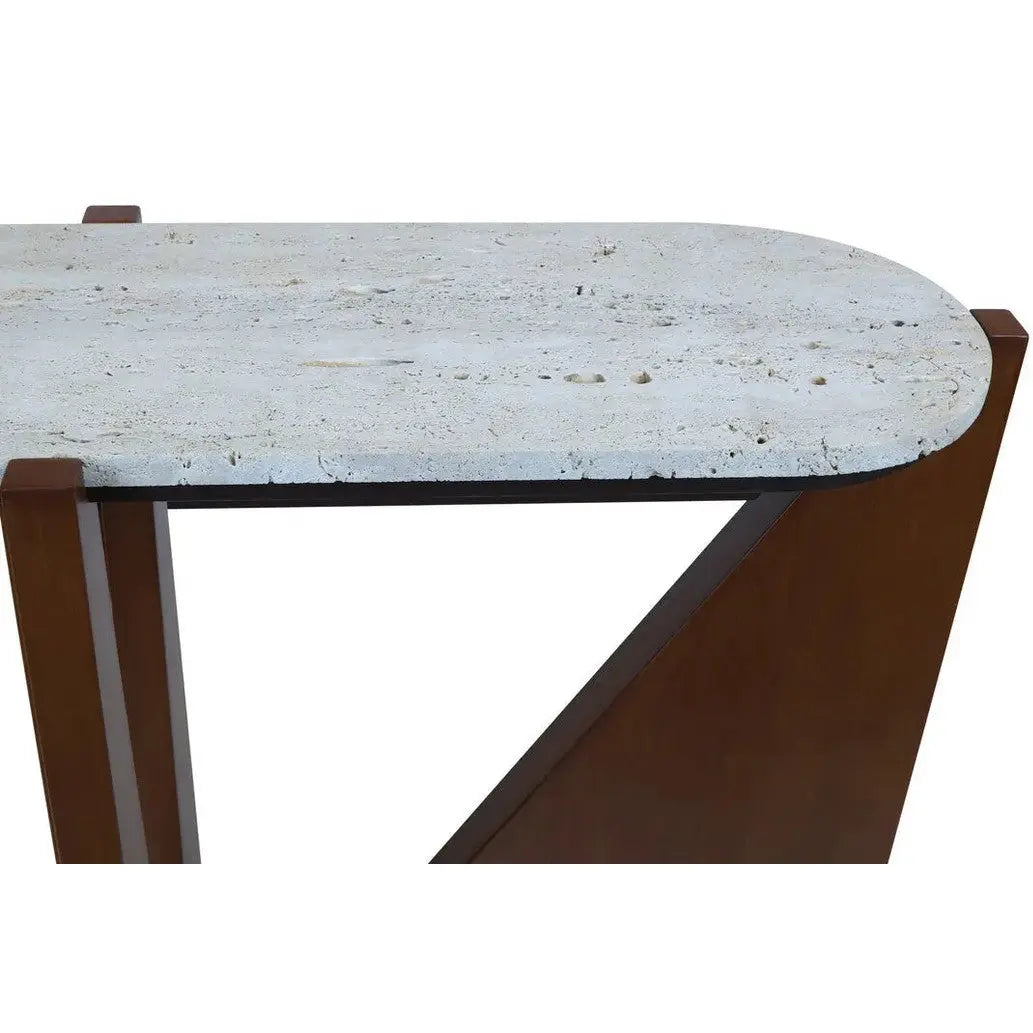 Wenton Travertine Top Console Table with Acacia Wood Frame   Nicholas John Interiors