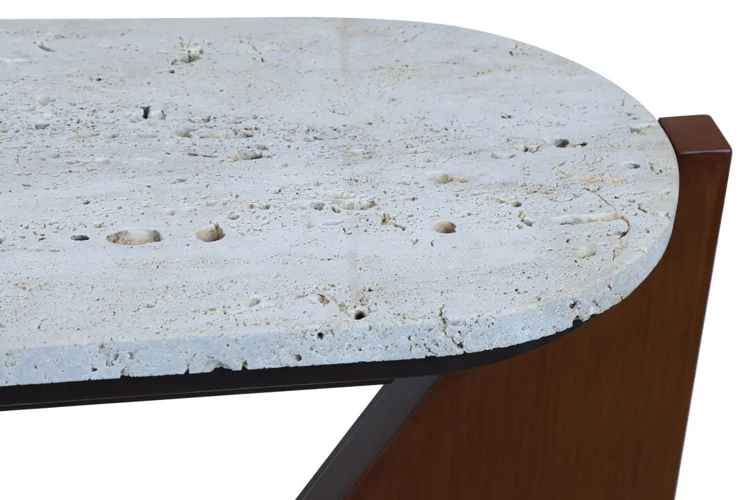 Wenton Travertine Top Console Table with Acacia Wood Frame   Nicholas John Interiors