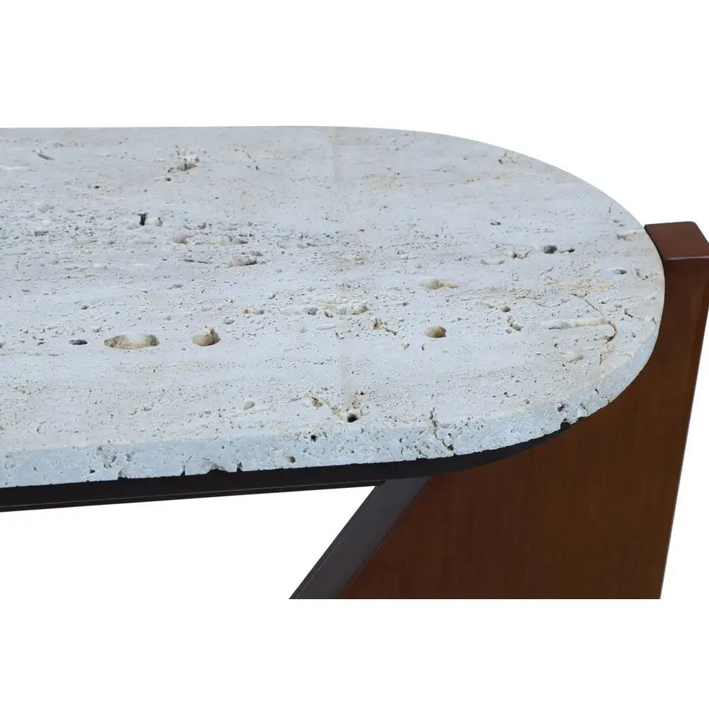 Wenton Travertine Top Console Table with Acacia Wood Frame   Nicholas John Interiors