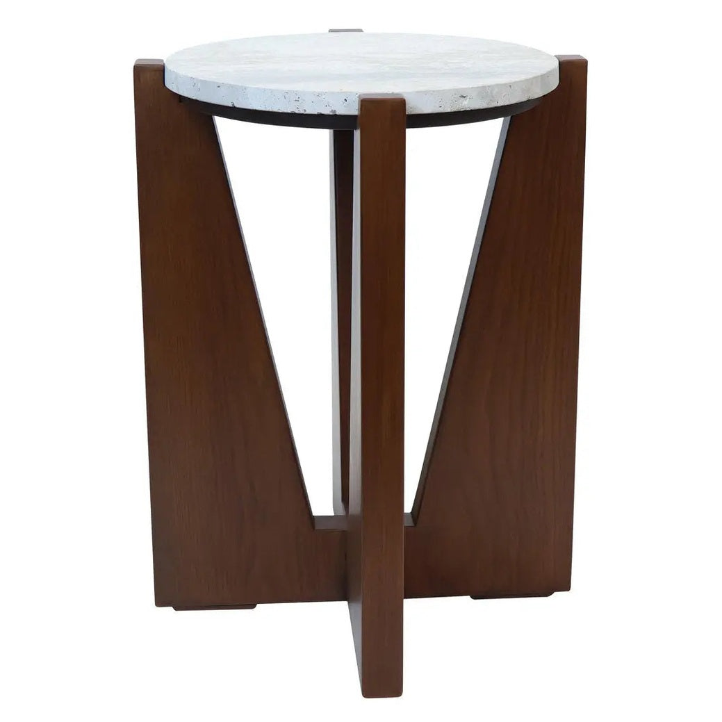 Wenton Travertine Top Side Table with Acacia Wood Frame   Nicholas John Interiors