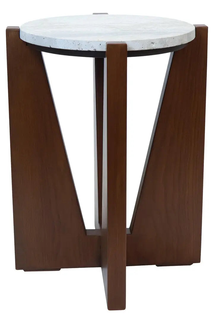 Wenton Travertine Top Side Table with Acacia Wood Frame   Nicholas John Interiors