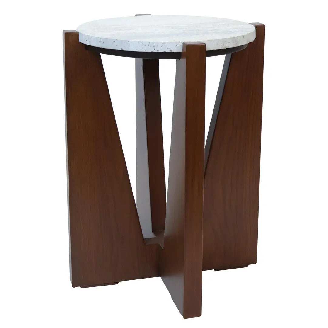 Wenton Travertine Top Side Table with Acacia Wood Frame   Nicholas John Interiors