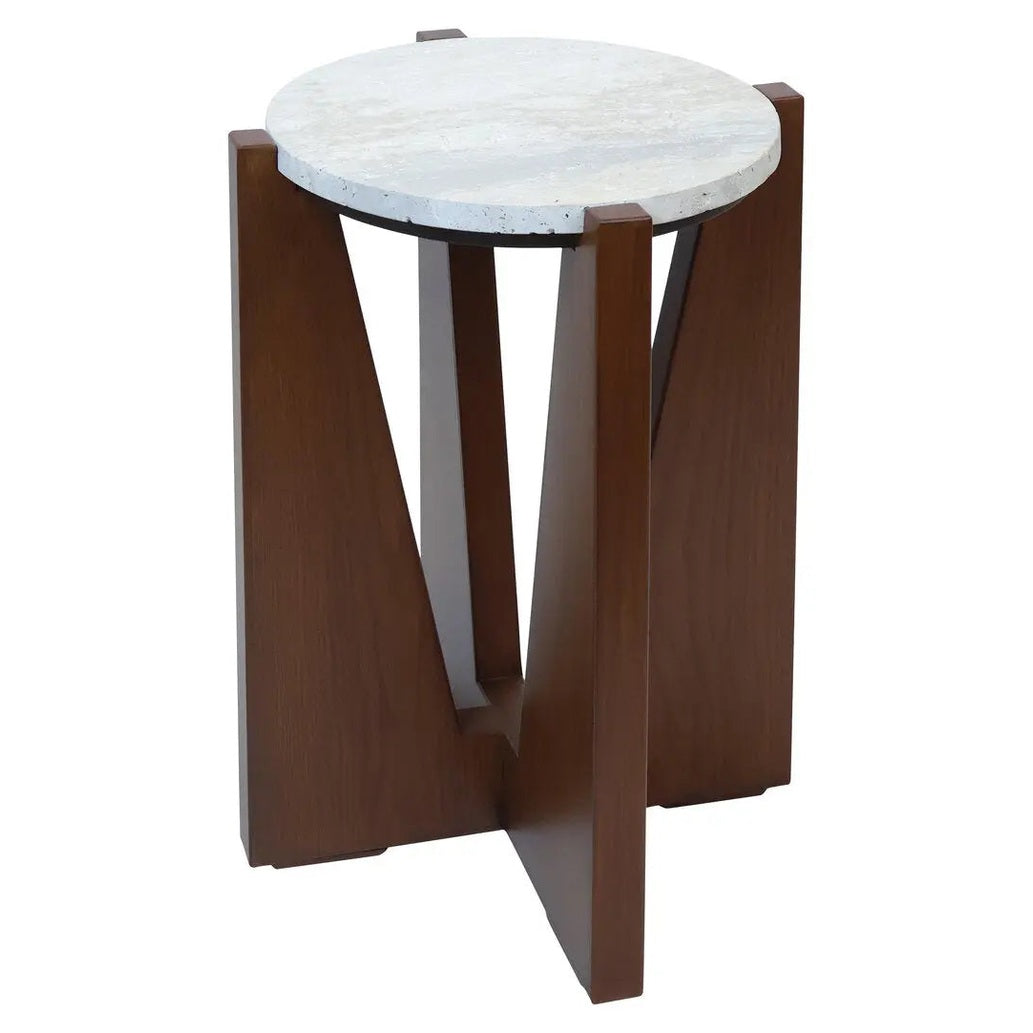 Wenton Travertine Top Side Table with Acacia Wood Frame   Nicholas John Interiors