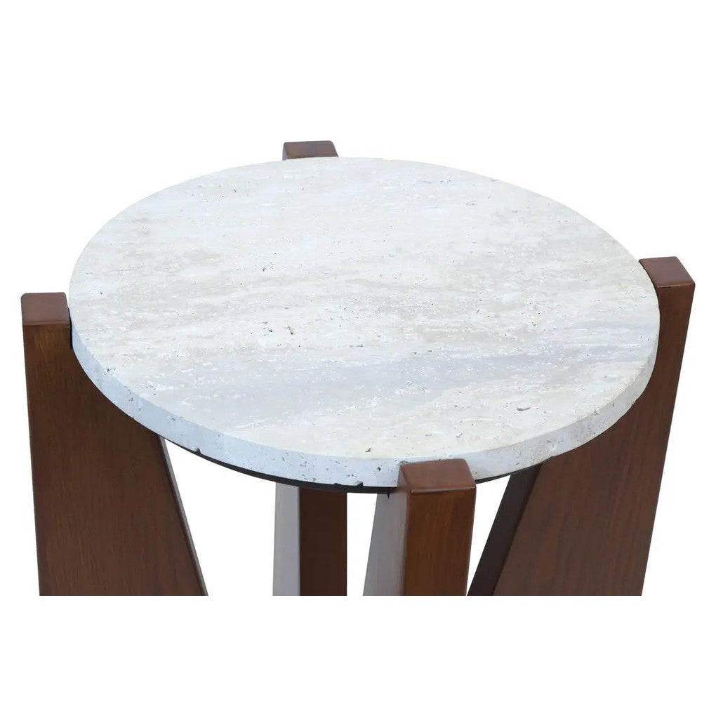 Wenton Travertine Top Side Table with Acacia Wood Frame   Nicholas John Interiors