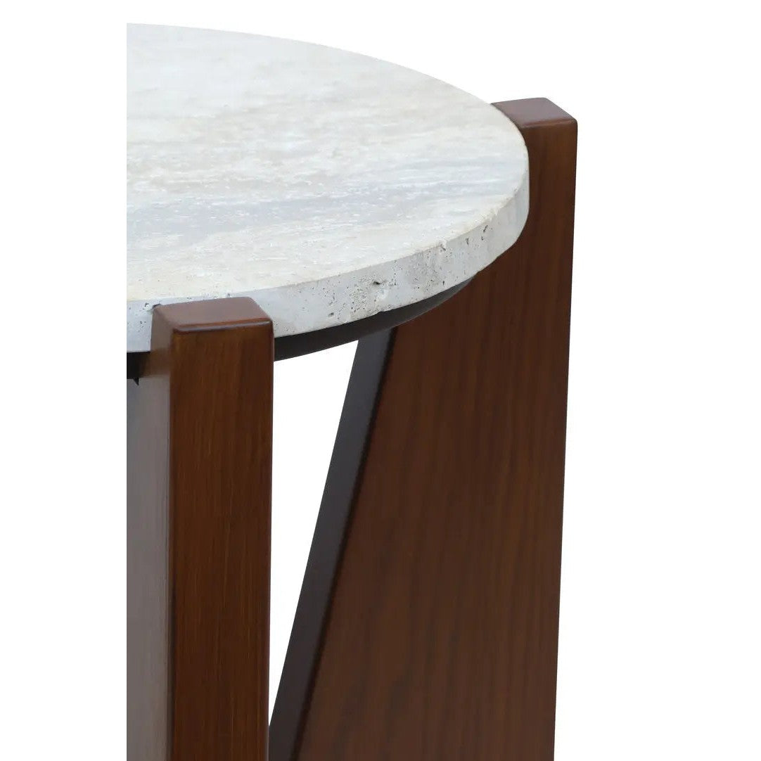 Wenton Travertine Top Side Table with Acacia Wood Frame   Nicholas John Interiors