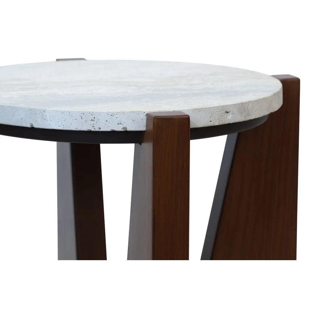 Wenton Travertine Top Side Table with Acacia Wood Frame   Nicholas John Interiors