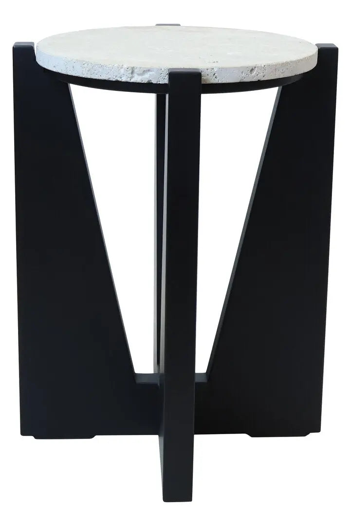 Wenton Travertine Top Side Table with Black Acacia Wood Frame   Nicholas John Interiors