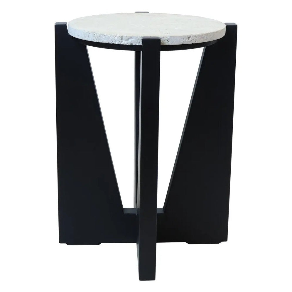 Wenton Travertine Top Side Table with Black Acacia Wood Frame   Nicholas John Interiors