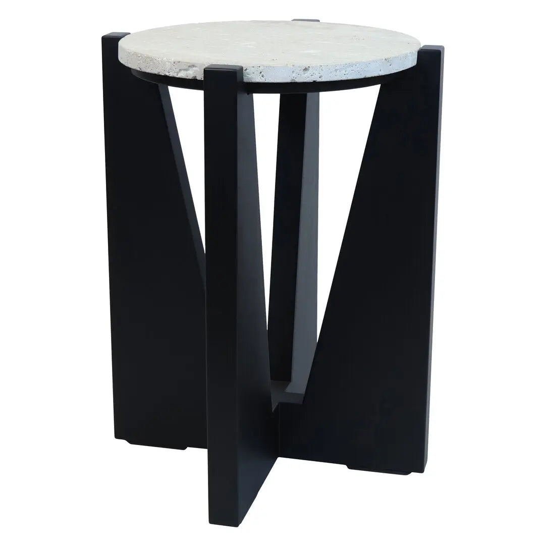 Wenton Travertine Top Side Table with Black Acacia Wood Frame   Nicholas John Interiors