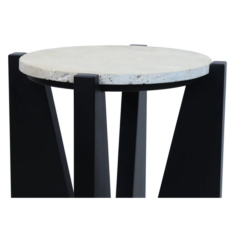 Wenton Travertine Top Side Table with Black Acacia Wood Frame   Nicholas John Interiors