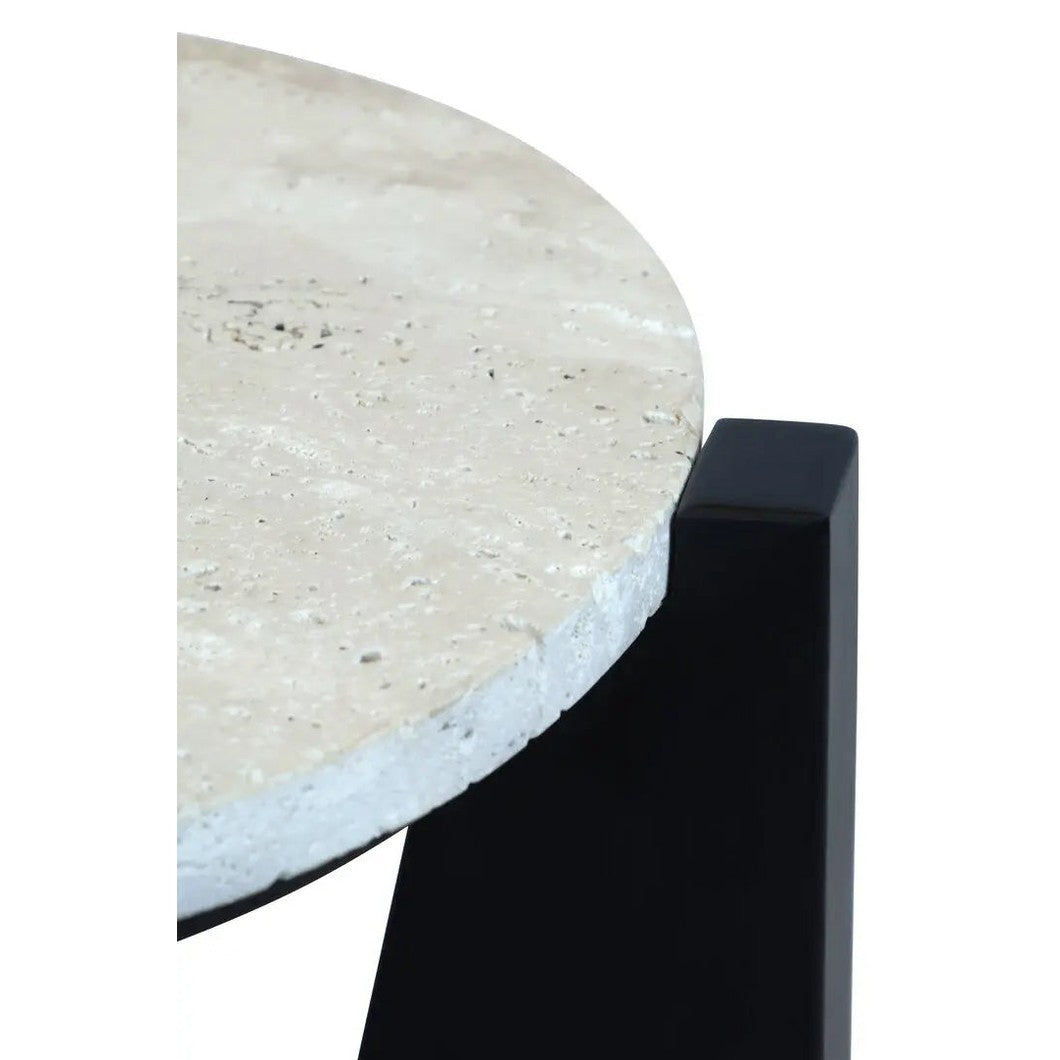 Wenton Travertine Top Side Table with Black Acacia Wood Frame   Nicholas John Interiors