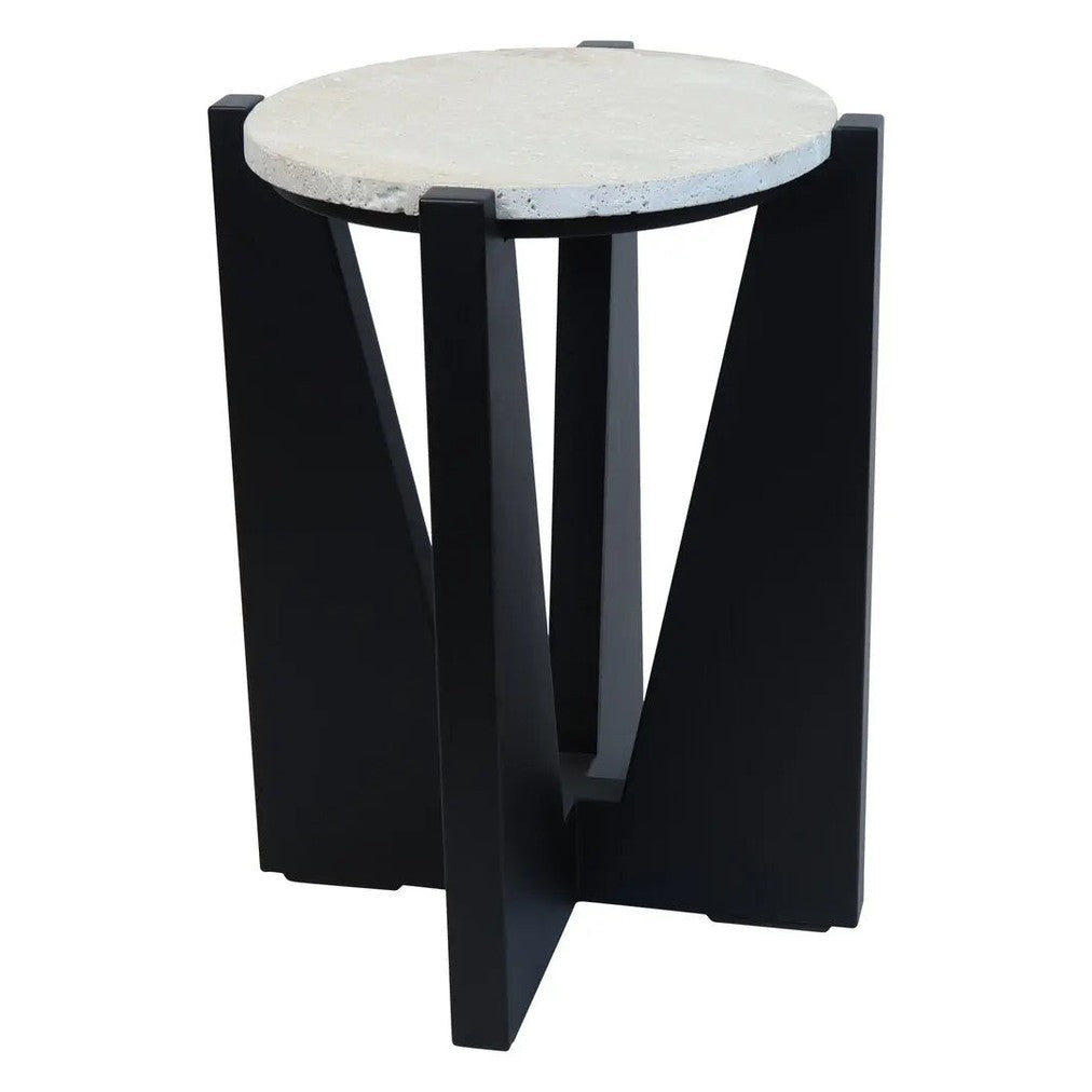 Wenton Travertine Top Side Table with Black Acacia Wood Frame   Nicholas John Interiors