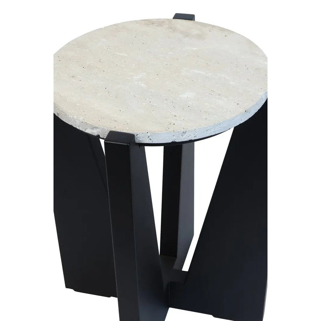 Wenton Travertine Top Side Table with Black Acacia Wood Frame   Nicholas John Interiors