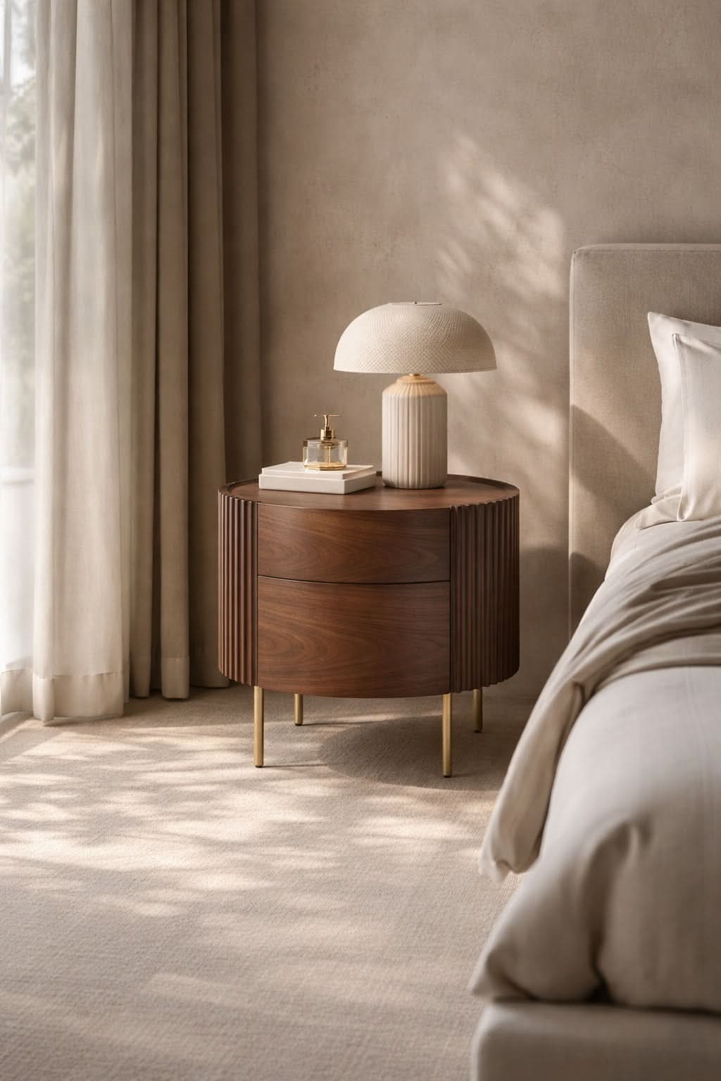 Lantine Bedside Table - Walnut & Brass   Nicholas John Interiors